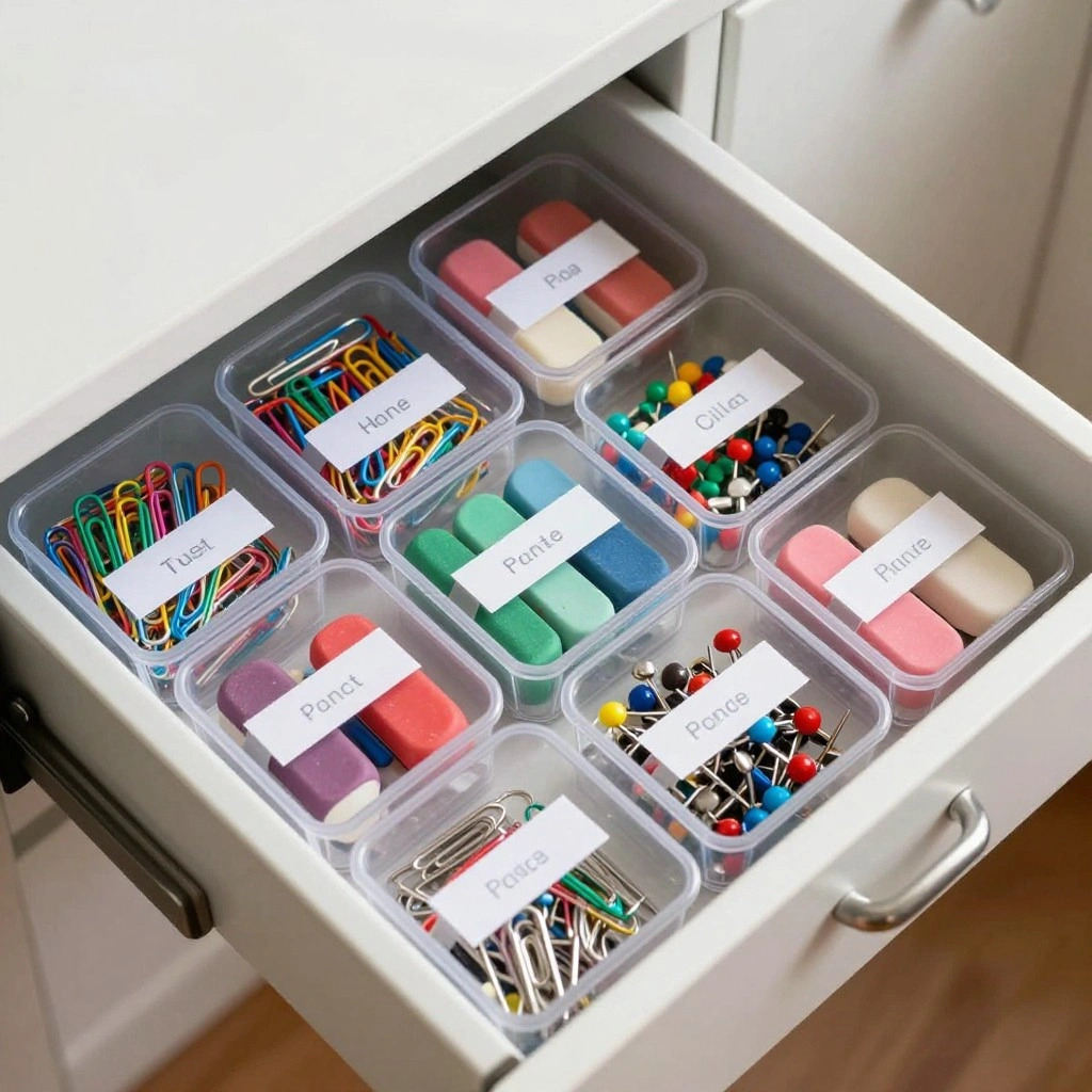 Clear Labeled Bins for Small Supplies