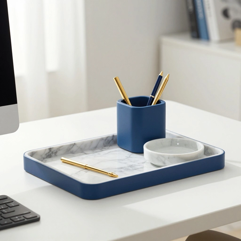 Blue Marble-Effect Desk Organizer Set