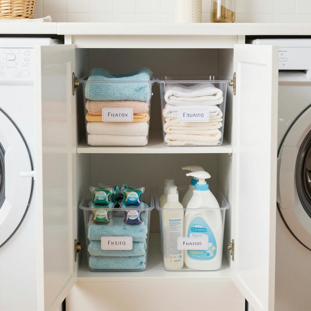 Clear Labeled Bins for Detergents and Supplies