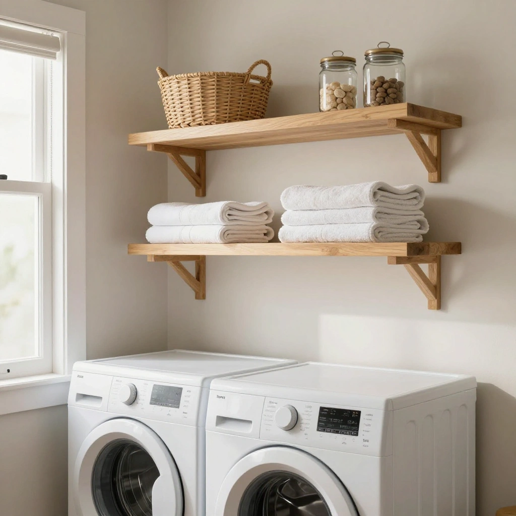 Floating Wood Shelves Above the Washer and Dryer
