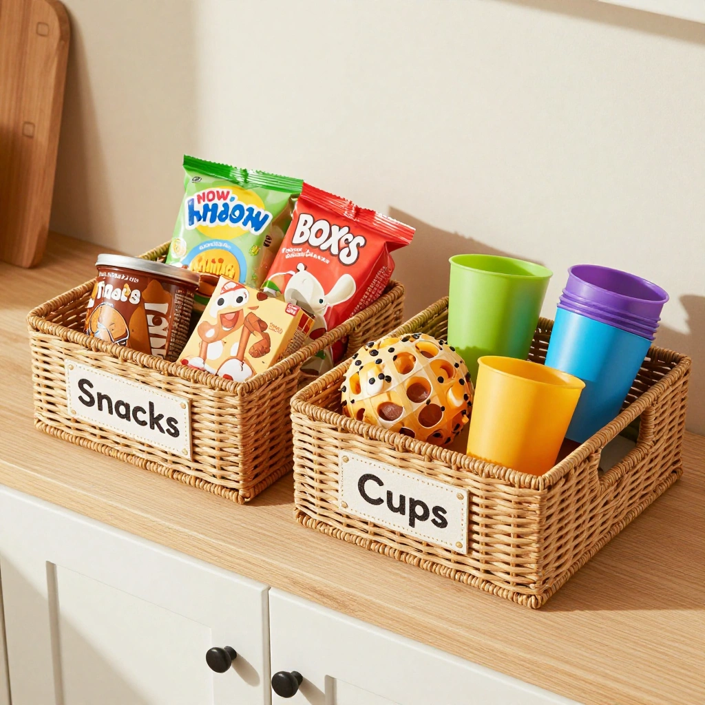 Labeled Baskets for Kids' Snacks and Dishes