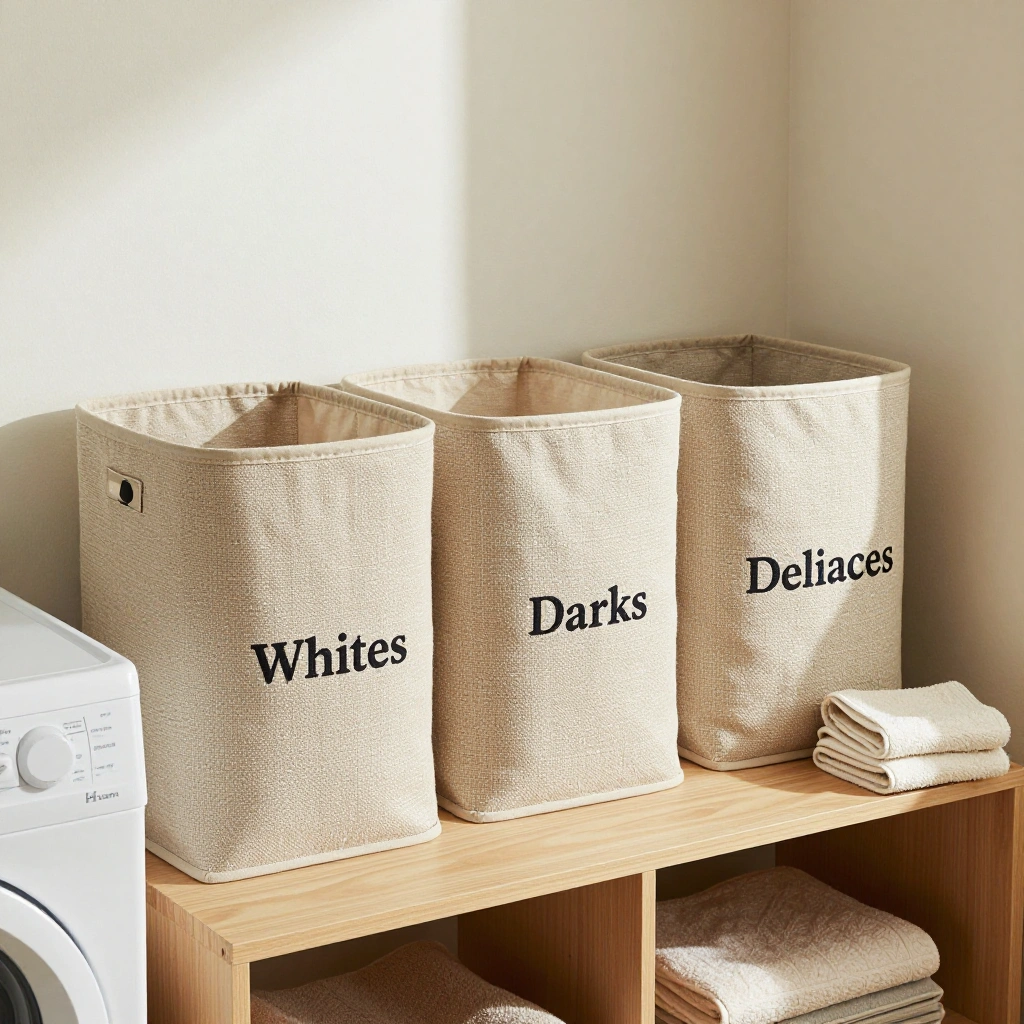 Labeled Sorting Bins for Whites, Darks, and Delicates