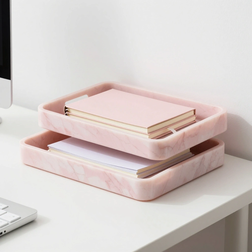Pink Marble-Effect Desk Tray Set