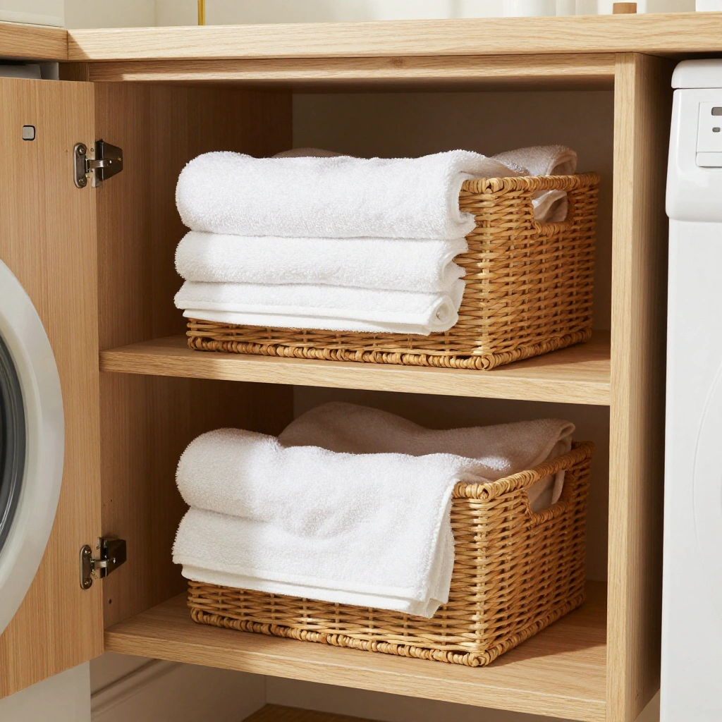Stackable Rattan Baskets on Open Shelving