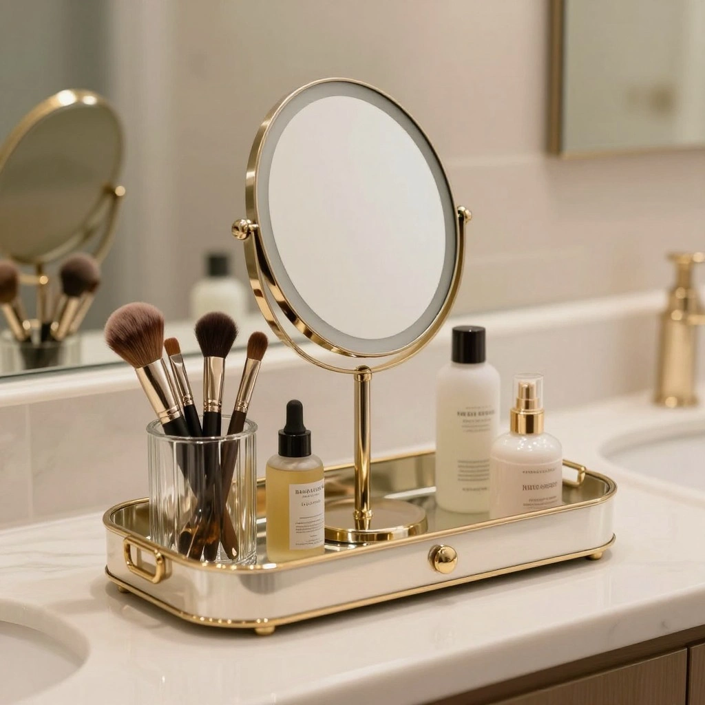 Vanity Tray with Mirror and Brush Holder
