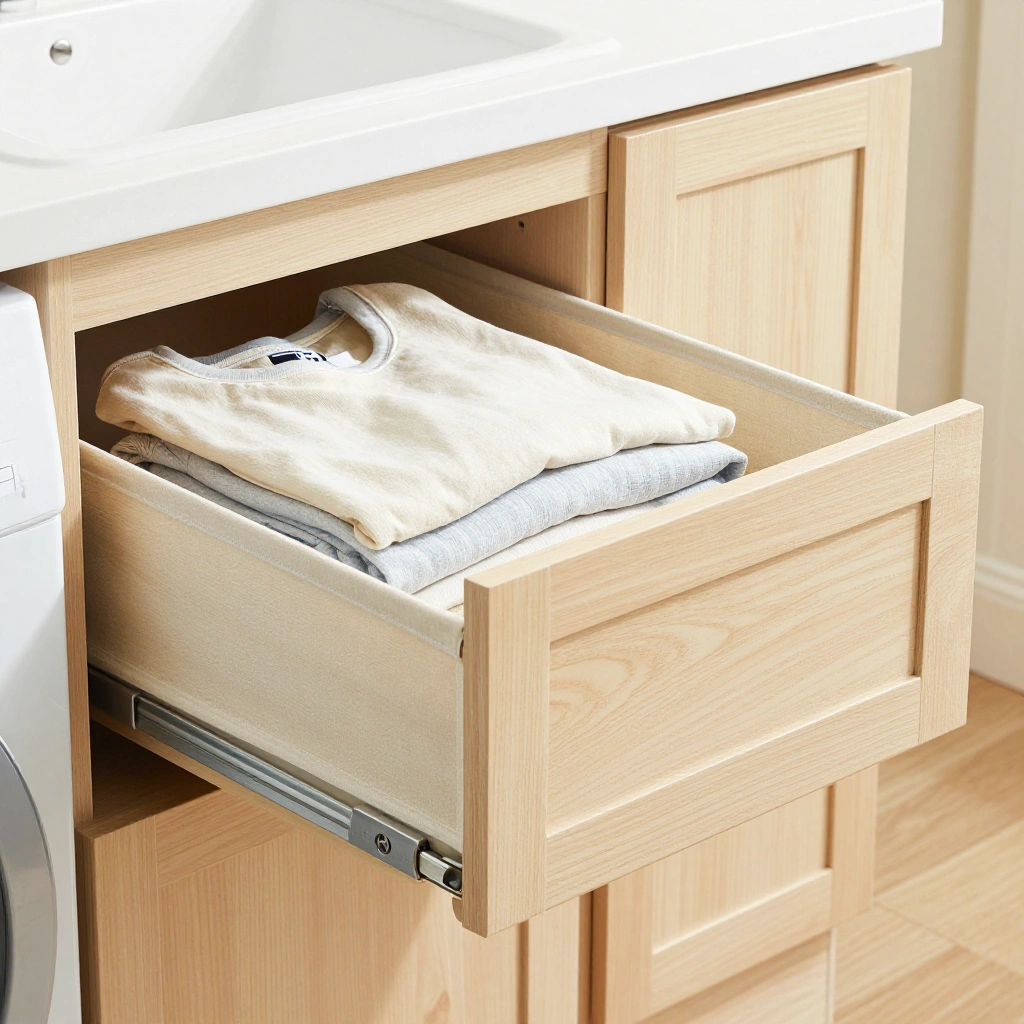  wood cabinet drawers under a laundry folding counter, one drawer pulled open showing a canvas liner filled with folded lig
